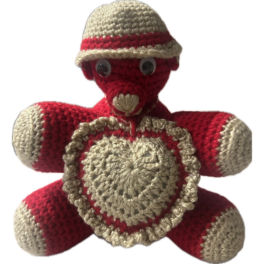 Handmade Crochet Plush Bear Red Tan Heart Amigurumi Teddy Bear with Hat 7 inch